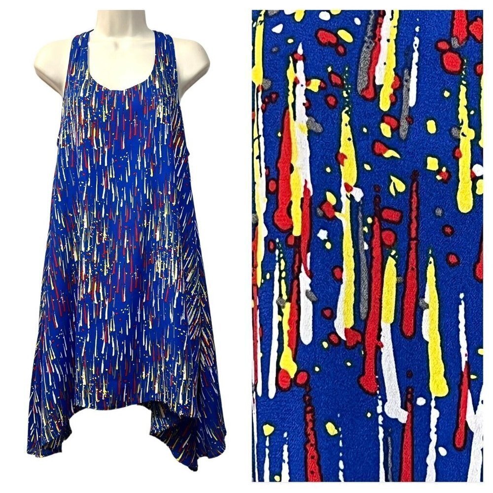 Sincerely Mary Sharkbite Hem Sleeveless‎ A-Line Dress Blue Paint Splash Size M/L